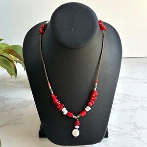 Red Glass & Mother Of Pearl Beaded Necklace With Pendant 16" Handmade Boho Style
